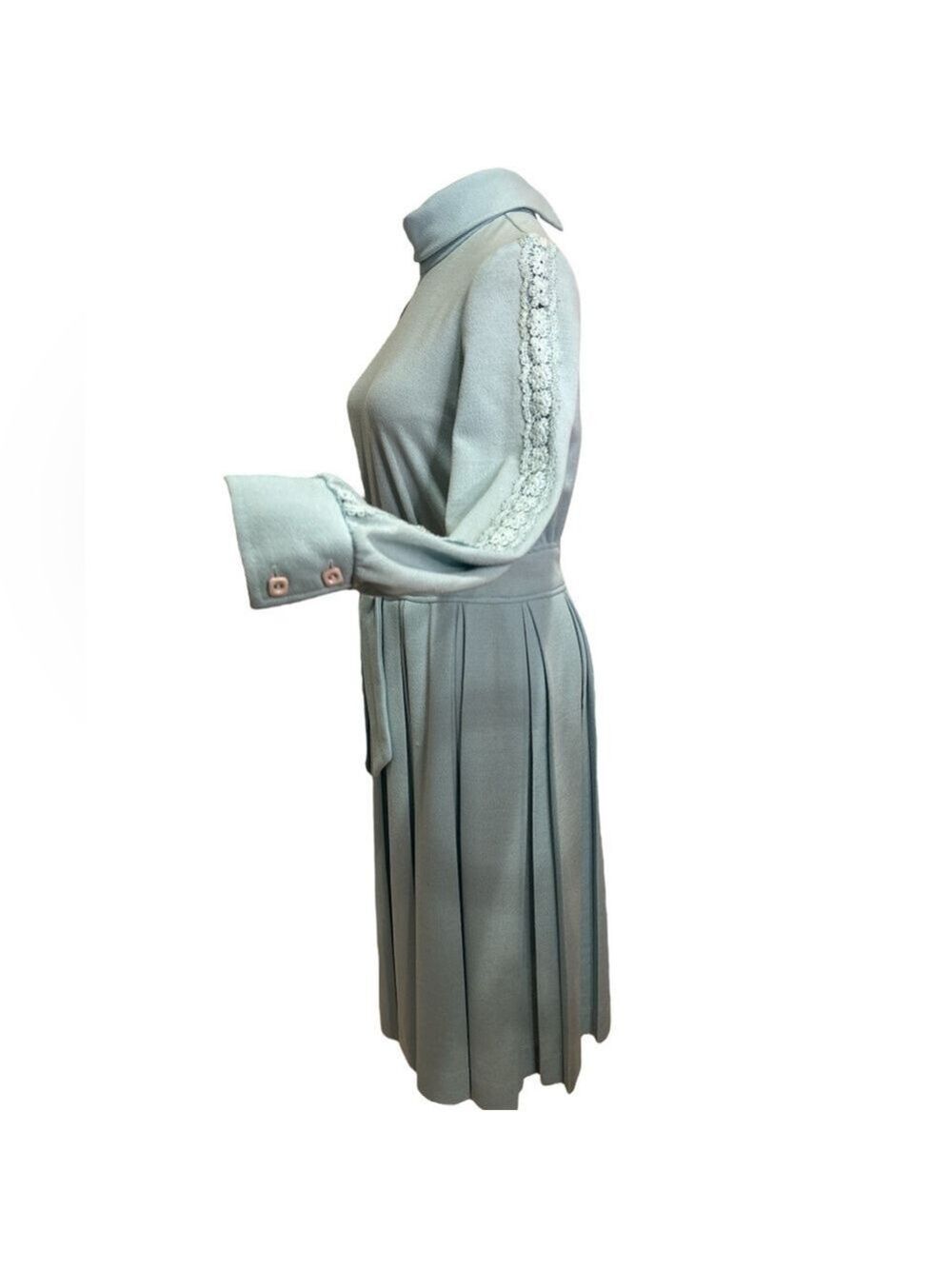 70s ICE BLUE MODEST MIDI DRESS HIGH NECK LACE INSERT SLEEVES PLEATED SKIRT SZ 8 - Picture 5 of 7